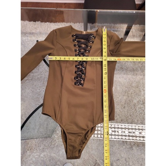 Nude Women's Green Cotton Lace Up Plunge V Neck Back Zipper Bodysuit Size Large - Picture 6 of 11